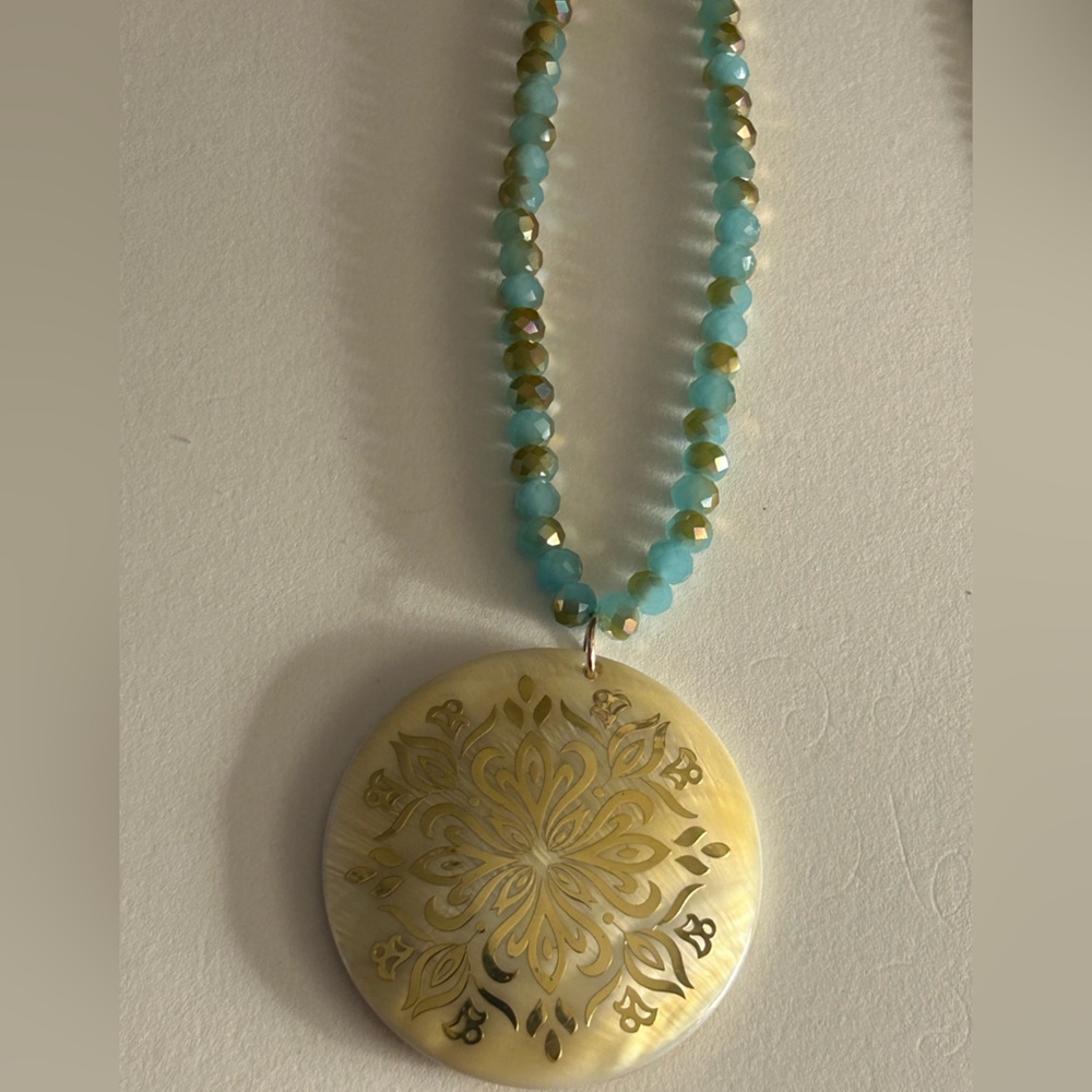 Vintage necklace Hand-painted gold flower, Mother of Pearl, turquoise crystals